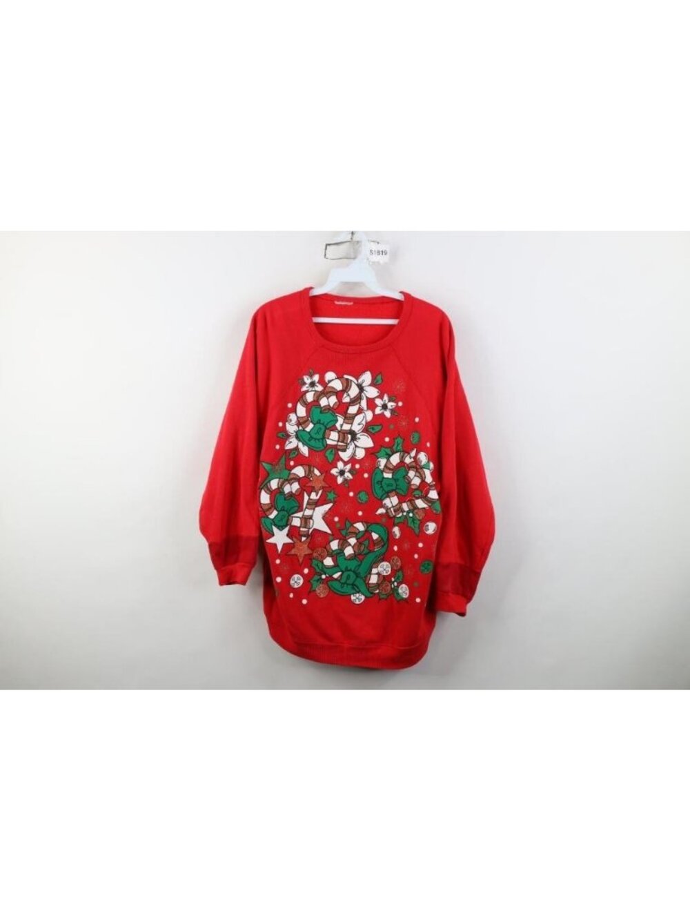 Vintage 90s Womens XL Distressed Christmas Candy Cane Flower Crewneck Sweatshirt